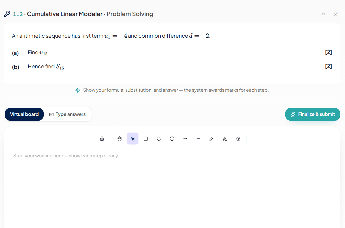 An exercise open on the virtual board, where formula, substitution and answer are each marked.